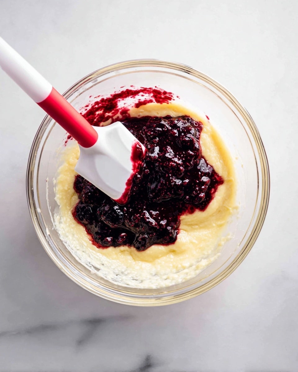 A clear glass bowl holds a creamy light yellow batter as the bottom layer, topped with a layer of dark purple berry mixture with some juice spreading around it. A white spatula with a red silicone head is partially immersed in the mixture, resting on the batter with the berry topping on it. The bowl is placed on a smooth white marbled surface. photo taken with an iphone --ar 4:5 --v 7