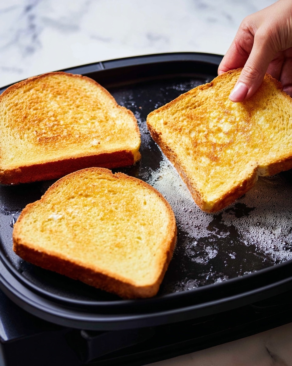 Three slices of golden toasted bread with a crispy textured surface are being cooked on a black electric griddle. One slice is held by a woman's hand at the top right corner, lifting it slightly from the griddle. The bread has a light golden brown crust with a soft, porous, yellowish inside. There is melted butter bubbling on the griddle beneath the bread slices. The griddle is placed on a white marbled surface. photo taken with an iphone --ar 4:5 --v 7