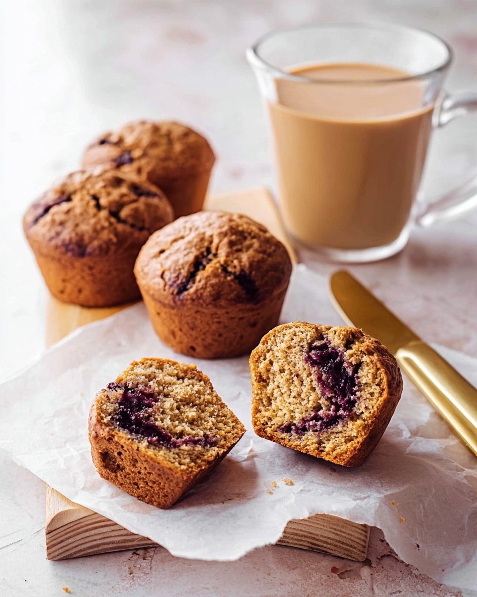 Three golden brown muffins with visible dark purple spots inside and cracks on top sit on a white parchment paper over a light wooden board. A gold-colored butter knife lies in front of the muffins on the board. Behind them, a small white bowl filled with smooth, dark purple jam and a clear glass cup of light brown layered coffee are placed on a white marbled surface. photo taken with an iphone --ar 4:5 --v 7