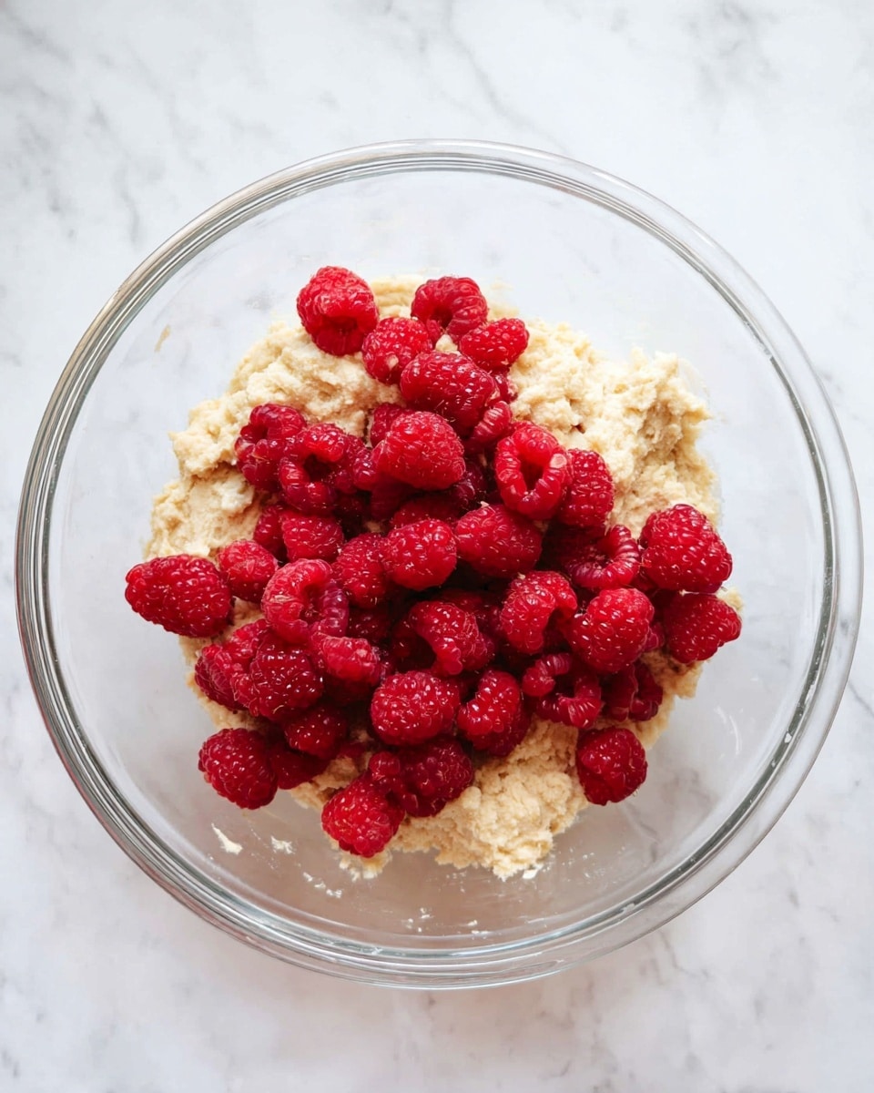 A clear glass bowl holds a beige, sticky dough with a rough texture as the bottom layer, topped by a generous handful of fresh, bright red raspberries scattered unevenly on top. The bowl sits on a white marbled surface, providing a clean and light background that contrasts with the vibrant red berries and the soft dough base. Photo taken with an iphone --ar 4:5 --v 7