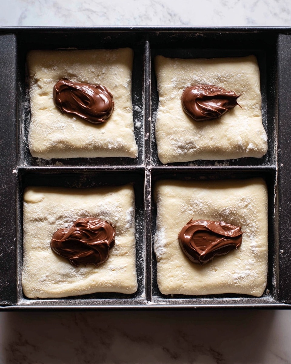 The image shows four square layers of pale, raw dough placed inside separate sections of a black baking tray. Each dough square has a smooth, slightly flour-dusted texture, creating a soft off-white color. On top of each dough square, near the center, there is a thick dollop of shiny, dark brown chocolate spread with a creamy and smooth texture, appearing almost glossy under the light. The baking tray is set on a white marbled surface, giving a clean and bright background. photo taken with an iphone --ar 4:5 --v 7