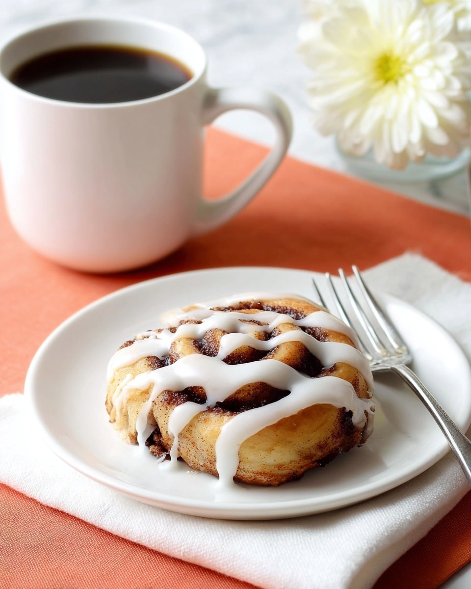 A single cinnamon roll with 3 visible spiral layers, showing a golden brown dough base with dark brown cinnamon filling, topped with thick white icing drizzled in wide stripes over the top and sides, sits centered on a white plate. To the right of the plate is a silver fork resting on a white cloth. Behind the plate is a white mug filled with black coffee. The scene is set against a soft orange cloth on a white marbled surface, with a white flower blurred softly in the background. Photo taken with an iphone --ar 4:5 --v 7