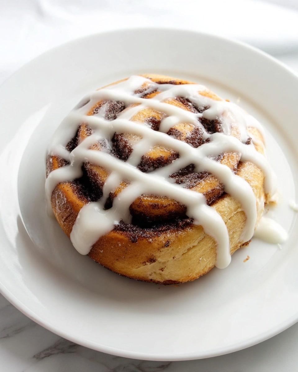 A single cinnamon roll sits in the middle of a white plate, showing two main layers; the outer layer is light golden brown dough rolled around a dark brown cinnamon sugar filling that forms swirls. Thick white icing is drizzled to create three uneven stripes across the top and sides, adding a creamy smooth texture that contrasts with the soft but slightly rough dough. The white plate rests on a white marbled surface visible at edges. Photo taken with an iphone --ar 4:5 --v 7