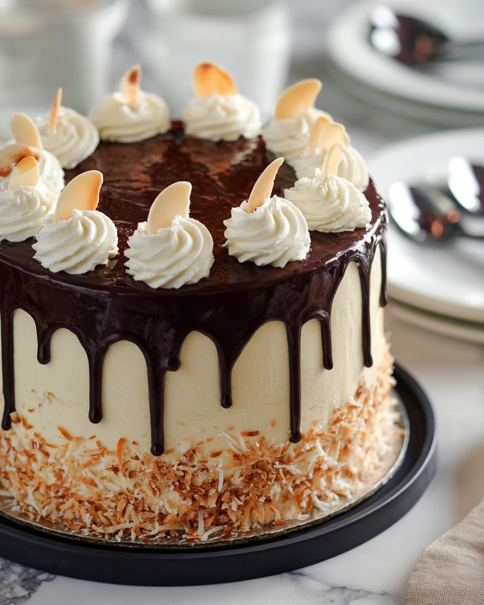A tall round cake with smooth light cream-colored frosting on the sides and base layer, covered with a thick layer of dark glossy chocolate dripping down the sides unevenly from the top. On top, there are evenly spaced swirls of white cream, each topped with a thin, almond-colored curved slice. Around the base of the cake is a rough, uneven layer of toasted shredded coconut in light beige and brown tones. The cake sits on a black round plate on a white marbled surface, with blurred white plates and spoons in the background. Photo taken with an iphone --ar 4:5 --v 7