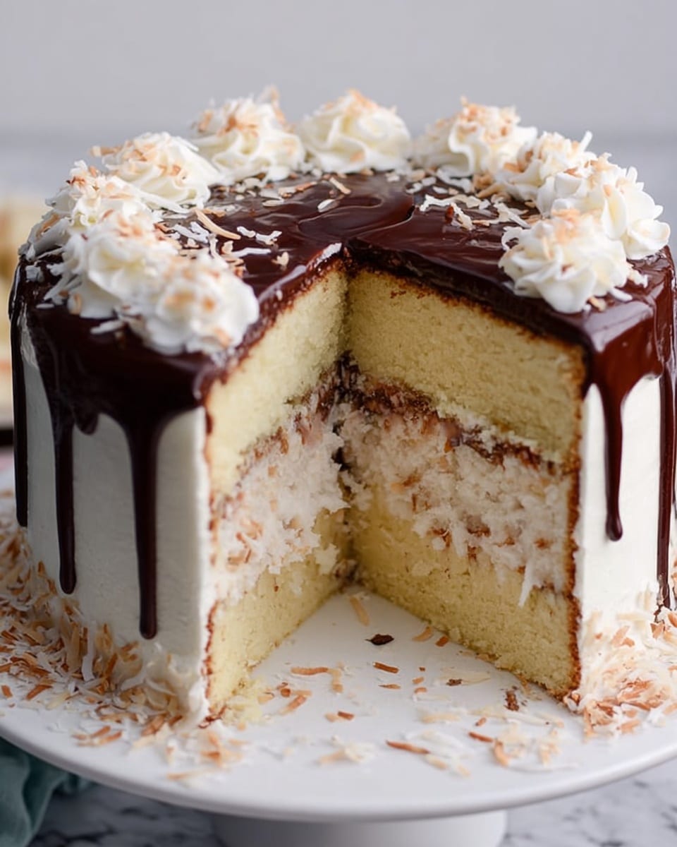 The image shows a round cake on a white plate with a white marbled surface background. The cake has three layers: the top and bottom layers are light yellow sponge cake, and the middle layer is filled with white shredded coconut and some light brown bits. The outside of the cake is covered with smooth white frosting. On top of the cake, there is a shiny dark chocolate drip flowing over the edges, with several white frosting swirls evenly spaced along the rim. Some shredded coconut is scattered on the plate around the cake. A slice is missing from the cake, showing the inside layers clearly. Photo taken with an iphone --ar 4:5 --v 7