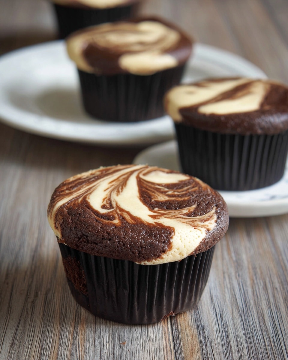 The image shows three chocolate and vanilla swirl cupcakes in black liners. Each cupcake has two main layers: a dark rich chocolate layer forming the base and sides, and a lighter creamy vanilla layer swirled on top, creating a marbled pattern with smooth textures mixing chocolate brown and creamy white. The cupcakes are placed on a wooden surface with visible grain texture, one cupcake is in the front and in clear focus, while two are blurred in the background, one of which is on a white plate. The lighting is soft and natural, highlighting the smoothness and swirls on the cupcake tops photo taken with an iphone --ar 4:5 --v 7