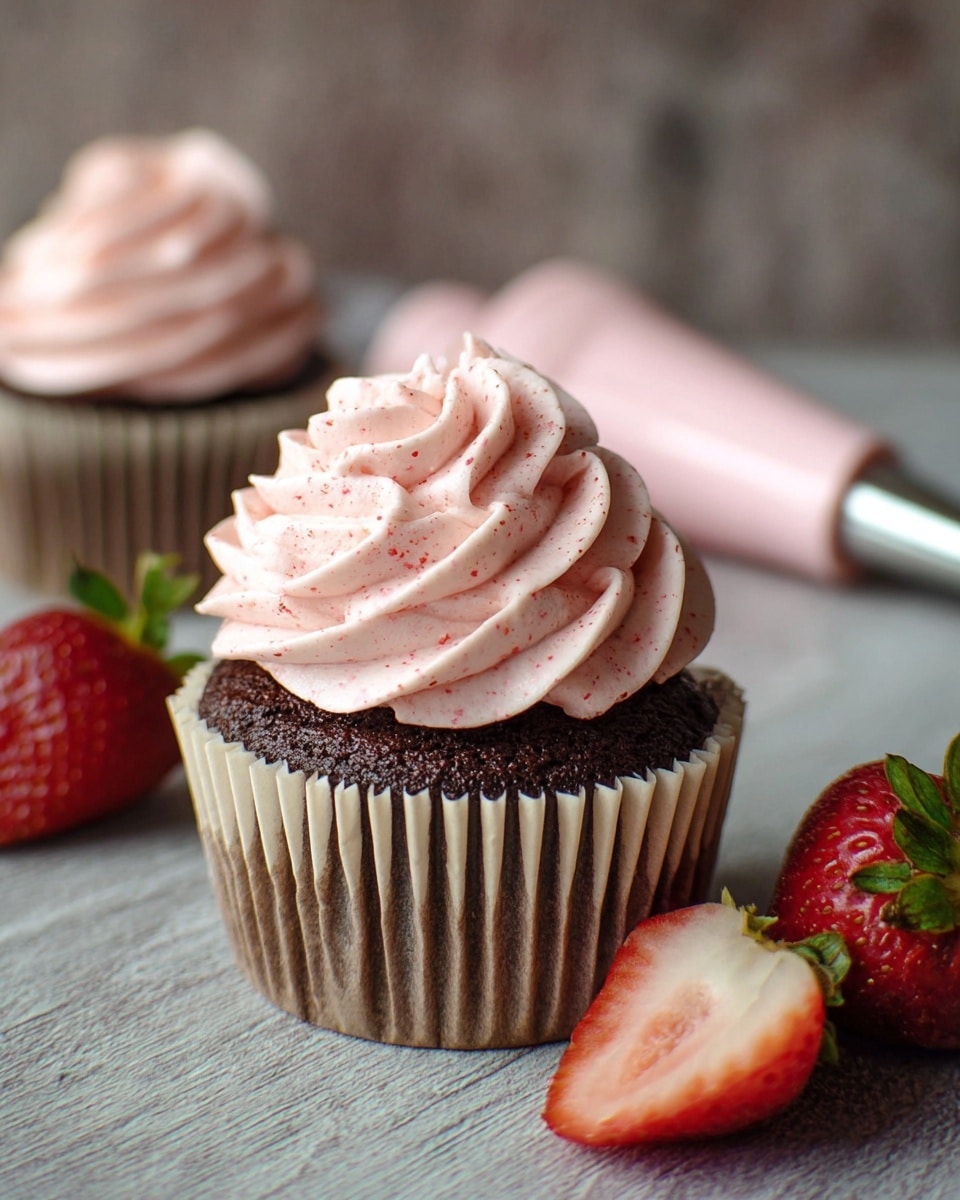 A dark brown chocolate cupcake sits in a light beige paper liner, topped with one thick layer of pale pink frosting swirled in the shape of a rose with a smooth, creamy texture dotted with tiny red specks. The cupcake is placed on a gray wooden surface with two whole red strawberries and one sliced strawberry nearby. A pink frosting bag with a silver nozzle lies in the background, slightly out of focus, along with another cupcake topped the same way. Photo taken with an iphone --ar 4:5 --v 7