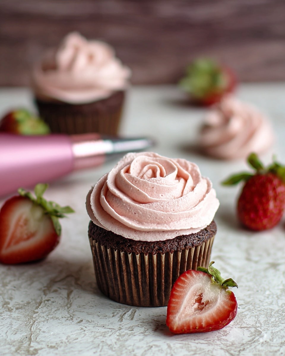 A chocolate cupcake in a brown paper liner stands on a white marbled textured surface, topped with one layer of smooth, light pink strawberry frosting swirled into a delicate rose shape. Around the cupcake, there are whole and halved strawberries in bright red with green tops, adding pops of color. A pink piping bag with a shiny metal nozzle lies behind the cupcake, slightly out of focus, along with another cupcake with the same pink frosting swirl visible in the background. The scene is softly lit, highlighting the texture of the frosting and the rich color of the chocolate cake photo taken with an iphone --ar 4:5 --v 7