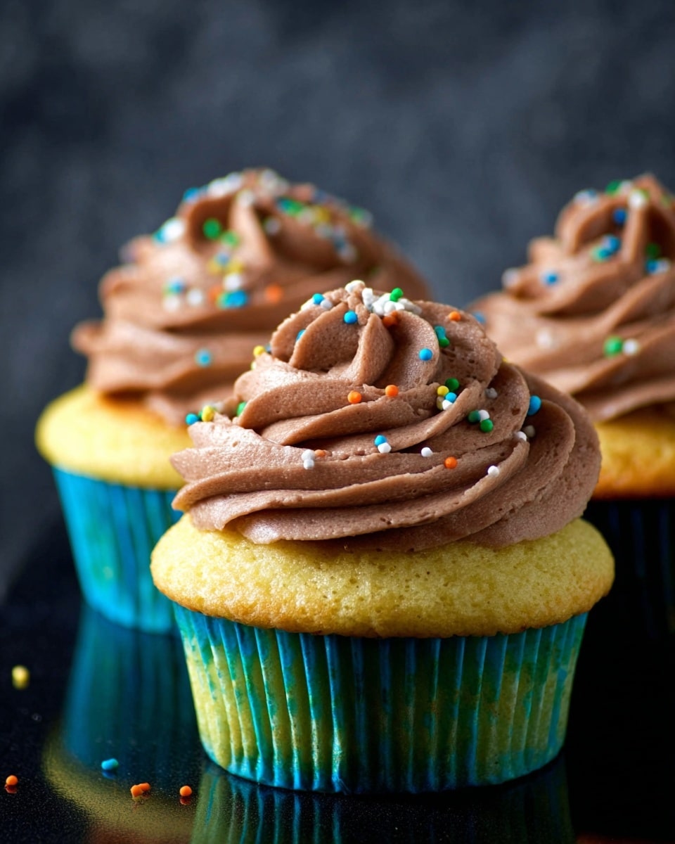 The image shows three cupcakes with two main layers. The bottom layer is a light golden yellow cake inside blue-green cupcake liners with a soft, spongy texture. The top layer is a thick swirl of smooth, light brown chocolate frosting, decorated with small, round, colorful sprinkles scattered on and around the frosting. The cupcakes are placed on a shiny black surface with a blurred dark background behind them photo taken with an iphone --ar 4:5 --v 7