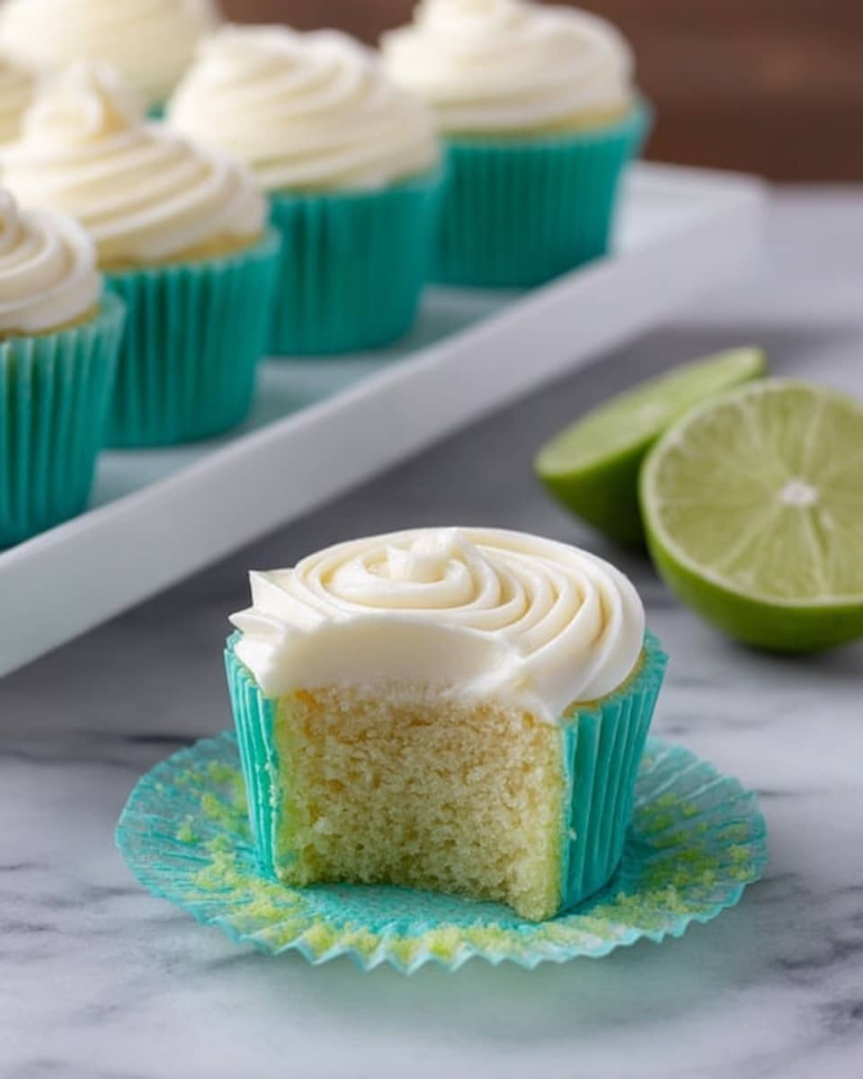 A close-up view of a cupcake with three layers visible: the bottom layer is light yellow and fluffy cake, surrounded by a turquoise cupcake liner that is peeled back; the middle layer is the same light yellow cake texture; the top layer is smooth white frosting swirled in a spiral pattern covering the entire cupcake top. In the background, a white rectangular plate holds more cupcakes with the same colors and frosting style. To the right, two lime halves sit on a white marbled surface. photo taken with an iphone --ar 4:5 --v 7