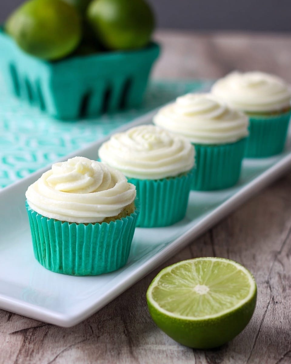 There are four cupcakes with bright teal liners arranged in a row on a long white plate placed on a wooden table. Each cupcake has a single layer of cake topped with a thick swirl of smooth white frosting that looks creamy and soft. In front of the plate, on the table, there is a lime cut in half showing its green interior. In the background, there is a small green basket filled with more limes. The whole scene is set on a white marbled surface. photo taken with an iphone --ar 4:5 --v 7