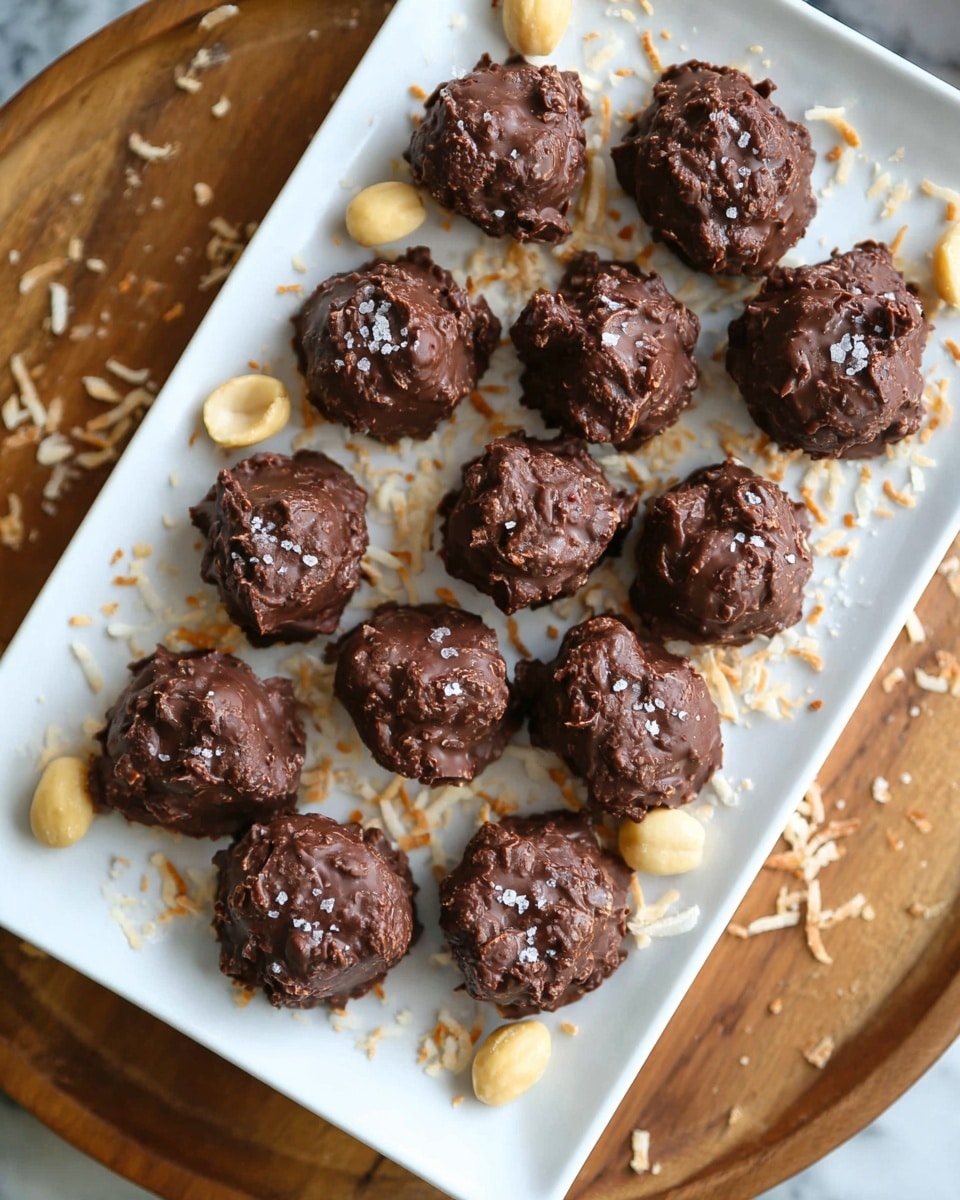 A white rectangular plate holds about fifteen round chocolate clusters, each with a rough, bumpy texture and a shiny dark brown color. The clusters are placed close together in simple rows, with small salt flakes sprinkled lightly on top of some. Around the plate, there are a few smooth pale yellow nuts scattered, resting on a wooden circular surface. Toasted shredded coconut pieces are also visible on the wooden surface near the edges of the plate. The background shows a white marbled texture faintly under the wooden surface. photo taken with an iphone --ar 4:5 --v 7