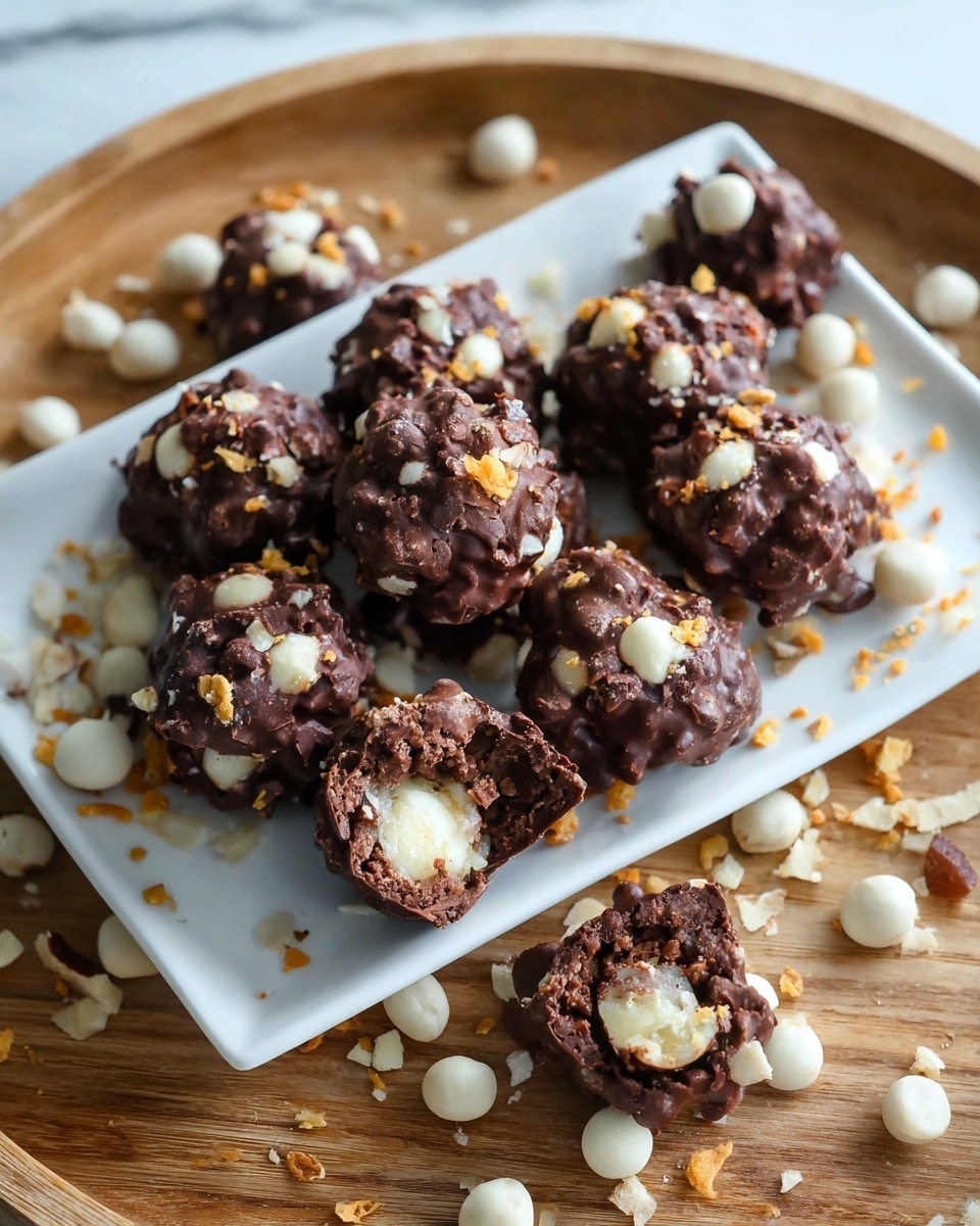 The image shows a white rectangular plate full of round chocolate clusters, each with a rough surface of mixed textures from nuts inside. Some chocolate clusters are whole and dark brown in color, while a few are cut to reveal creamy white nuts inside the chocolate. The plate is placed on a wooden tray that is sprinkled with round white nuts and small orange flakes, all set on a white marbled surface. The overall look is rich with dark chocolate and light nut layers, creating a contrast of colors and textures. photo taken with an iphone --ar 4:5 --v 7