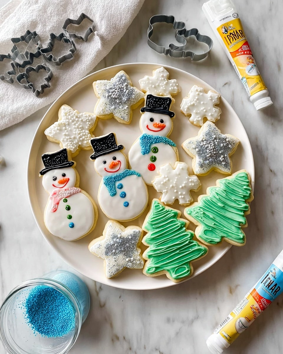 A white round plate on a white marbled surface holds an assortment of decorated sugar cookies. There are snowman-shaped cookies with a white base layer, black hats textured with white dots, red or green buttons, orange noses, black eyes and mouths, and blue or green scarves. Star-shaped cookies have a smooth white icing layer topped with silver sugar sprinkles in the center. Green Christmas tree-shaped cookies have ridged green icing to show leaves and branches with a small beige tree trunk at the bottom. Around the plate are cookie cutters shaped like stars, Christmas trees, and snowmen, along with tubes and jars of blue cookie icing, blue sprinkles, and silver sprinkles. Photo taken with an iphone --ar 4:5 --v 7