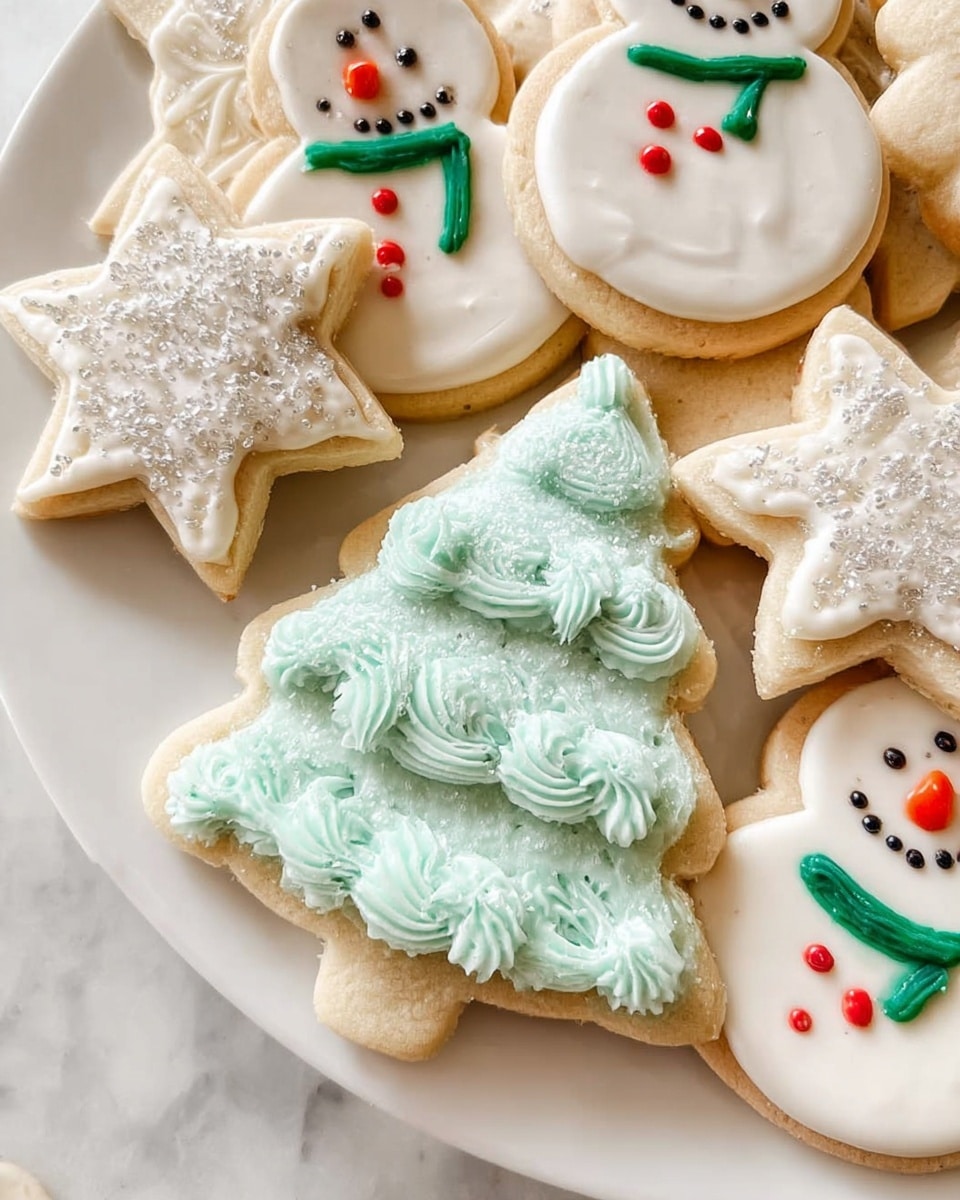 The image shows a variety of decorated Christmas sugar cookies on a white plate, placed on a white marbled surface. In the front, there is a tree-shaped cookie with three layers: a beige cookie base, a thick layer of light greenish-blue textured frosting with piped swirls, and a subtle layer of shiny sugar crystals on top. Surrounding it are star-shaped cookies with a beige base, topped with smooth white icing and sprinkled with clear, shiny sugar crystals. Also visible are round snowman cookies with a beige base, covered with smooth white icing, decorated with two red candy buttons, a carrot-shaped orange nose, and small black eyes and mouth, along with green frosting scarves. The cookies are closely arranged, creating a festive, colorful array. Photo taken with an iphone --ar 4:5 --v 7