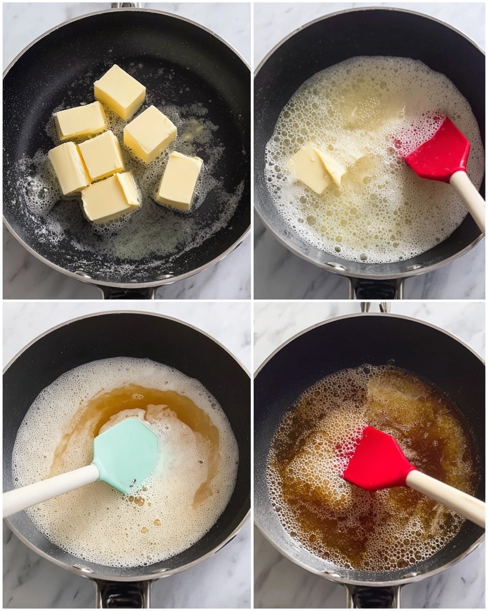 The image is divided into four parts showing different stages of melting butter in a black pan. The first part shows several pale yellow cubes of butter beginning to melt, with a soft bubbly texture forming below them. The second part shows the butter fully melted and foaming with a smooth, light cream texture covering the pan. The third part shows the foam starting to brown with a light brown layer spreading and a woman's hand holding a light blue spatula gently stirring the mixture. The last part shows a deeper amber-brown butter with darker brown spots, with a woman's hand holding a red spatula resting in the pan. The background surface is white marble photo taken with an iphone --ar 4:5 --v 7