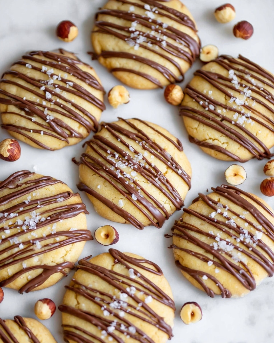 The image shows nine round cookies laid out on a white marbled surface. Each cookie is light golden brown, slightly thick, and has smooth tops. They are decorated with thin, dark brown chocolate lines drizzled in a wavy pattern across the cookies. Small white sea salt flakes are lightly sprinkled on top of the chocolate drizzle, adding texture. Scattered around the cookies are whole and halved hazelnuts showing their creamy centers, adding a natural touch to the scene. The overall look is neat and inviting. photo taken with an iphone --ar 4:5 --v 7
