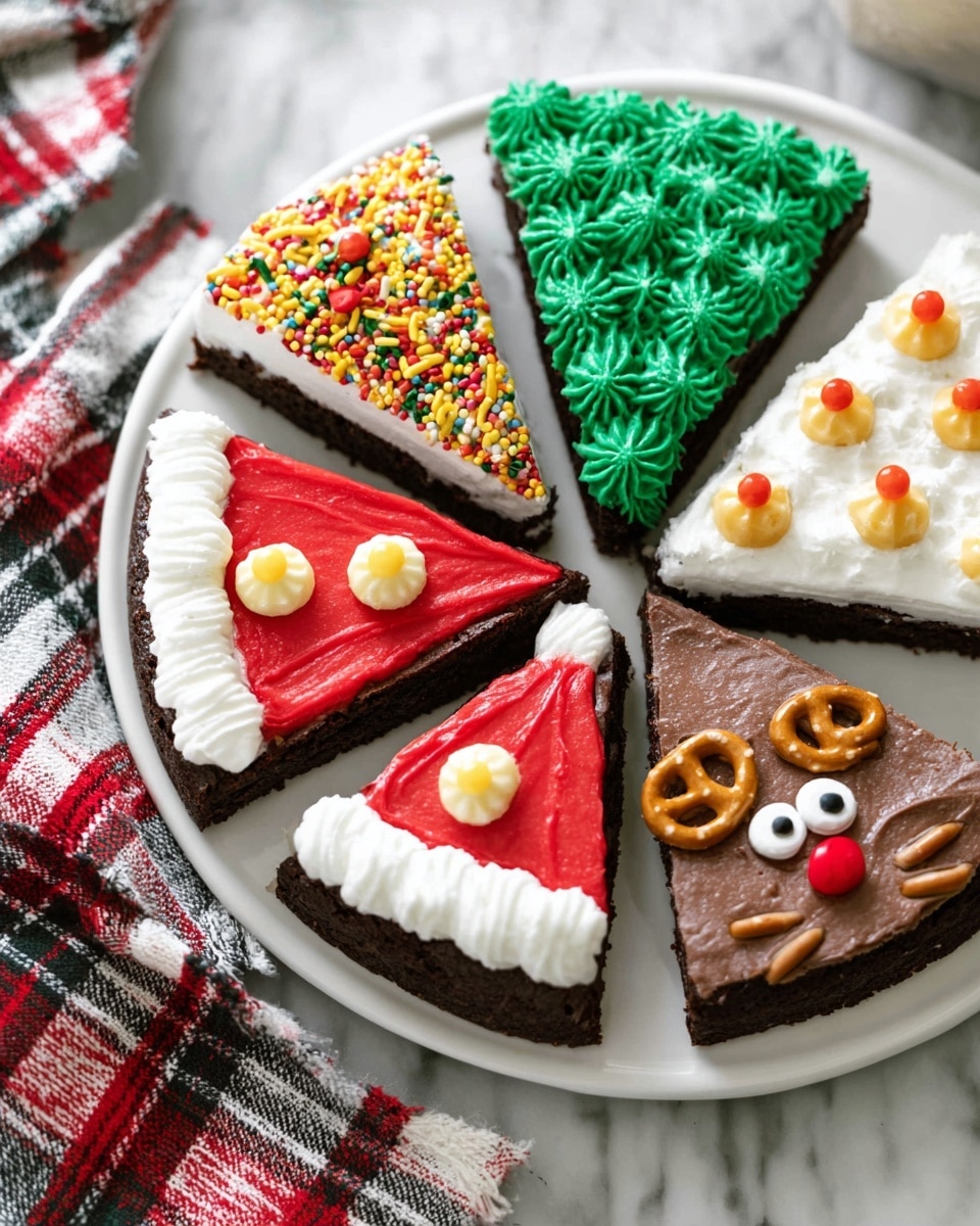 A white round plate holds eight triangular chocolate brownie slices arranged in a circle on a white marbled surface. Four slices are decorated with green frosting textured like a Christmas tree, topped with small colorful round and rod-shaped sprinkles in red, yellow, white, and orange. Three slices have red frosting shaped like a Santa hat with white round dollops along the bottom edge and at the tip. One slice is decorated with smooth brown frosting resembling a reindeer face, with two small pretzels as antlers, two white candy eyes, and a small red candy nose. In the bottom left corner, a white and plaid red scarf lies partly on the white marbled surface. photo taken with an iphone --ar 4:5 --v 7