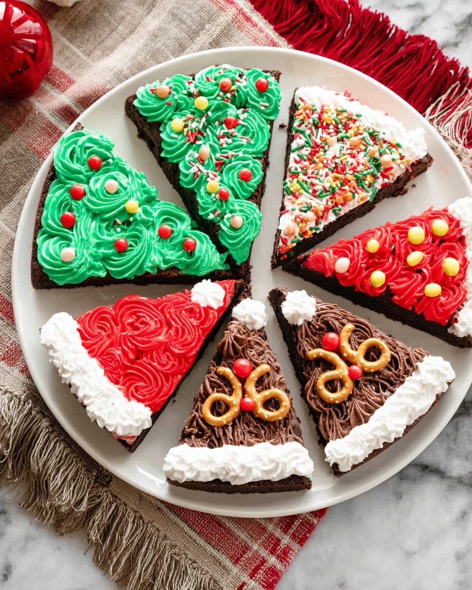 A white round plate holds eight triangular brownie slices decorated with colorful frosting and sprinkles. Four slices have bright green frosting shaped like Christmas trees, textured with wavy lines, and topped with small red, white, yellow, and green round and candy-shaped sprinkles. Three slices are covered in smooth red frosting shaped like Santa hats with white fluffy borders along the bottom edge and a white pompom at the pointed tip. One slice is decorated with brown frosting textured with lines to look like reindeer fur, with two small white candy eyes, a red candy nose, and two small round pretzels as antlers on top. The plate sits on a white marbled surface near a red and beige cloth with fringes. Photo taken with an iphone --ar 4:5 --v 7