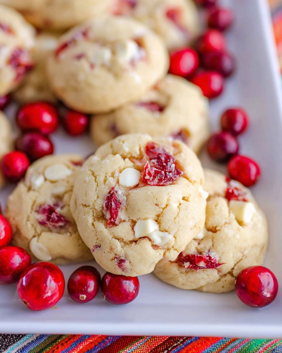 The image shows a white tray with several soft cookies scattered on it, each cookie featuring a light golden color with a slightly cracked texture on top. The cookies have visible pieces of bright red cranberries embedded inside and on the surface, with small bits of white chocolate sticking out. Around and between the cookies, there are fresh whole cranberries in a rich red color, creating a contrast against the pale cookie dough and the white tray. The background underneath the tray shows a hint of a colorful striped cloth. The photo taken with an iphone --ar 4:5 --v 7