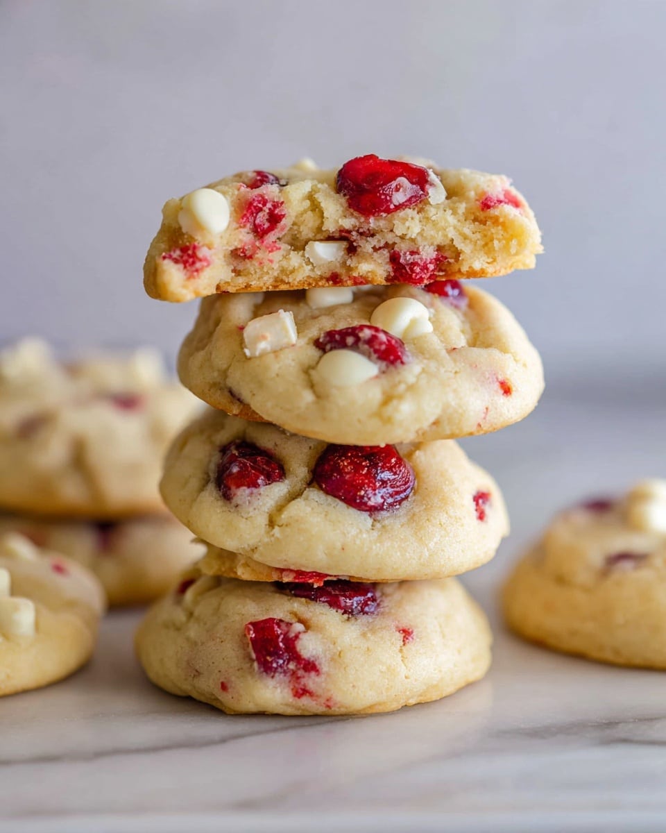 A stack of five soft, thick cookies with a light golden color is shown in the center, each cookie dotted with bright red cherries and small white chocolate pieces that create a textured, chunky look. The cookies have a slightly rough surface and appear fluffy and moist. To the left, a broken cookie reveals a soft, pale yellow inside with cherry and white chocolate bits embedded throughout. The cookies sit on a smooth white marbled surface with a softly blurred white background, creating a clean and simple setting. photo taken with an iphone --ar 4:5 --v 7