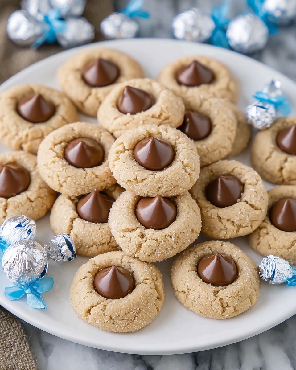 The image shows a white plate with several soft, light brown cookies arranged in rows. Each cookie has a smooth, shiny, dark brown chocolate drop placed in the center. The cookies have a slightly cracked texture with sugar granules visible on the surface. Around the plate, small silver foil-wrapped chocolates with blue tags add a decorative touch. The plate sits on a white marbled surface. photo taken with an iphone --ar 4:5 --v 7