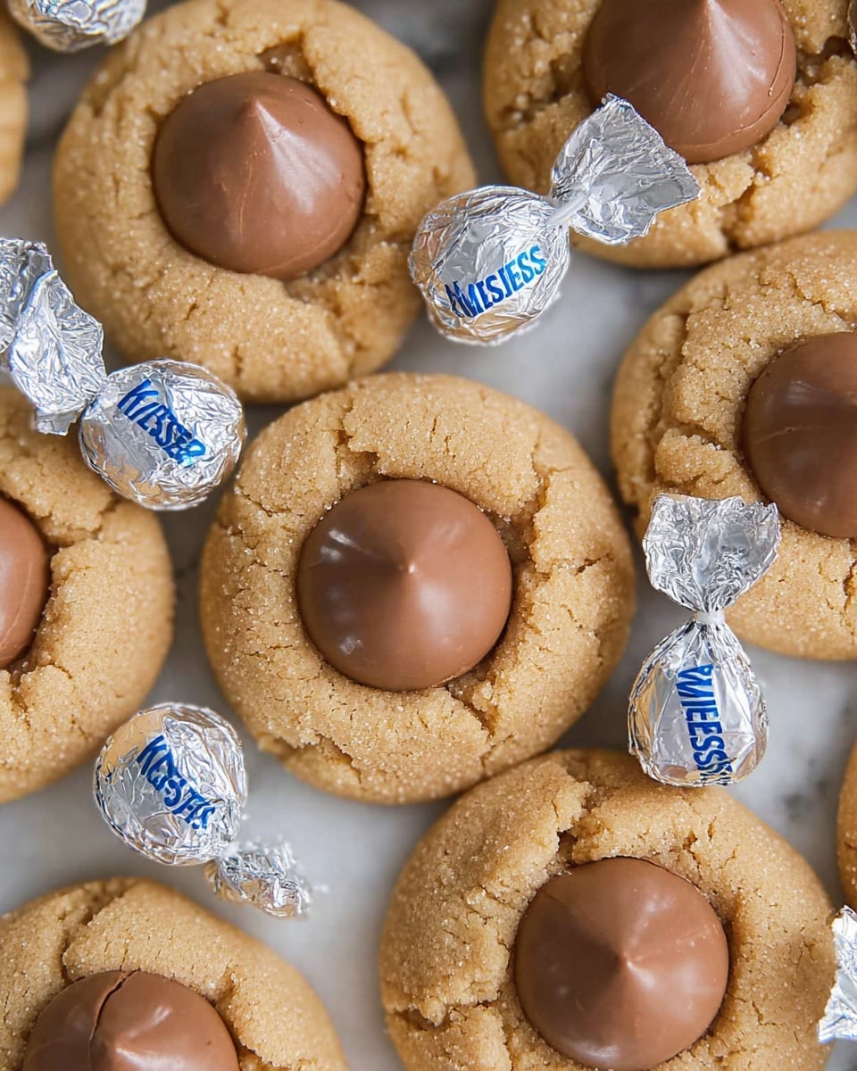 The image shows a close-up of several round peanut butter cookies arranged closely together on a white marbled surface. Each cookie has a light golden-brown color with a slightly cracked texture and a dome of smooth milk chocolate placed in the center. Two of the cookies are wrapped in silver foil with small white flags sticking out, showing the brand name in blue text. The overall look is warm and inviting, with the cookies covering most of the frame and the white marbled surface visible in the background. photo taken with an iphone --ar 4:5 --v 7