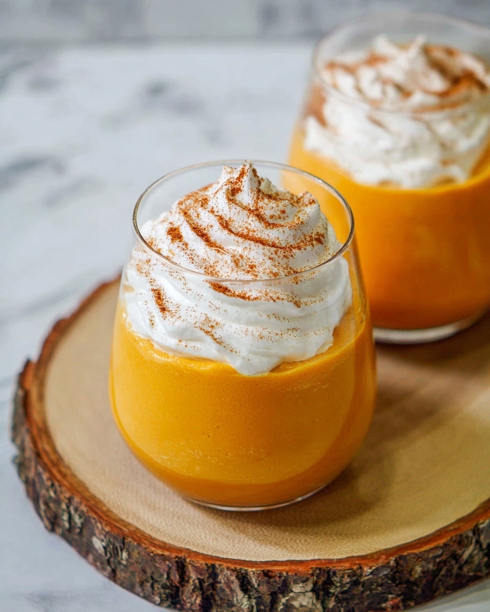The image shows two clear round glasses filled halfway with a smooth, bright orange layer that looks creamy and thick. On top of this orange layer, there is a thick, white swirl of whipped cream covering the surface of each glass. The whipped cream is dusted lightly with a warm brown powder, likely cinnamon, adding texture and color contrast. The glasses sit on a round wooden board with natural bark on the edges, and the overall scene is set against a white marbled background. photo taken with an iphone --ar 4:5 --v 7