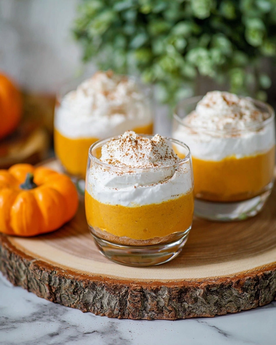 Three clear round glasses each hold two layers: a thick orange layer at the bottom and a fluffy white whipped cream layer on top, sprinkled with a light dusting of brown spice. The glasses sit on a round wooden board with bark edges, placed on a white marbled surface. There is a small orange pumpkin decoration on the left side near the glasses, and green blurred plants in the background. Photo taken with an iphone --ar 4:5 --v 7