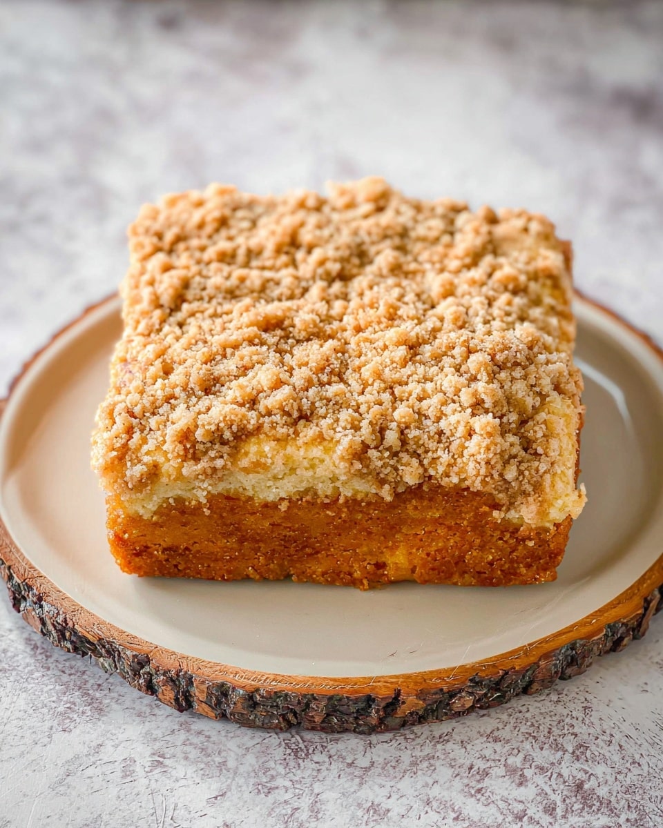 A square-shaped crumb cake with a golden-brown crust sits on a round white plate with a wooden bark edge, placed on a white marbled texture surface. The cake top is covered with a thick, crumbly layer of light brown streusel, showing clusters of crunchy textured crumbs evenly spread. The sides of the cake have a slightly darker baked color, giving it a warm, inviting look. Photo taken with an iphone --ar 4:5 --v 7