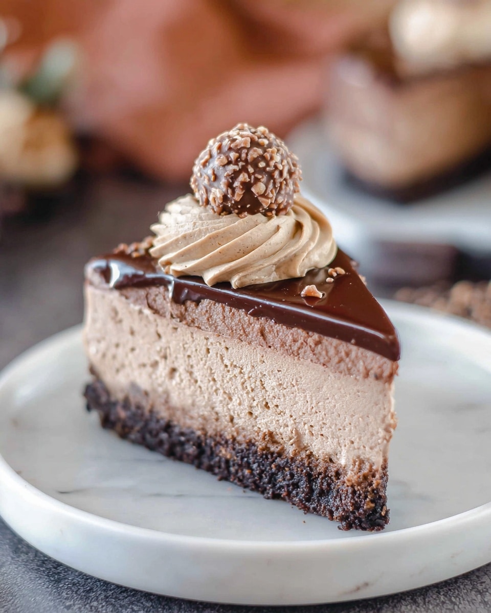 A slice of chocolate mousse cake is shown on a white plate with a white marbled surface underneath. The cake has three layers: a dark crumbly base, a thick light brown mousse middle layer with a smooth and airy texture, and a shiny dark chocolate glaze on top. On the top center, there is a swirl of light brown cream, and a round chocolate candy with a crunchy coating sits on the cream. The background is softly blurred with warm tones. photo taken with an iphone --ar 4:5 --v 7