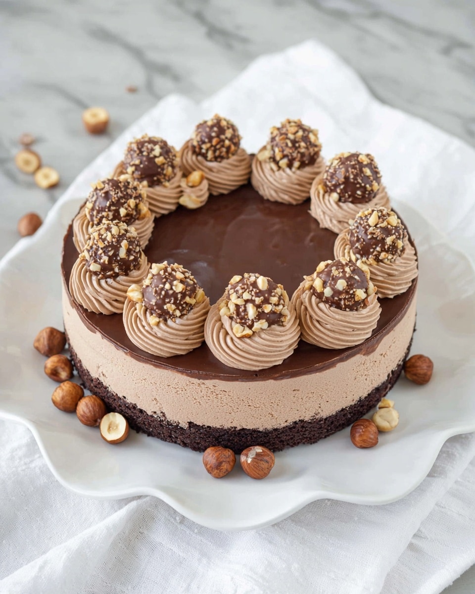 The image shows a round chocolate mousse cake with three visible layers: a dark chocolate crumb base at the bottom, a thick middle layer of light brown chocolate mousse, and a smooth dark chocolate glaze on top. Around the edge of the top surface, there are eight evenly spaced swirls of light brown chocolate cream. Each swirl is topped with a round chocolate hazelnut truffle covered in small pieces of nuts. The cake is placed on a white plate with a wavy edge, scattered with whole hazelnuts. The plate sits on a white marbled surface with a white cloth beneath it. photo taken with an iphone --ar 4:5 --v 7