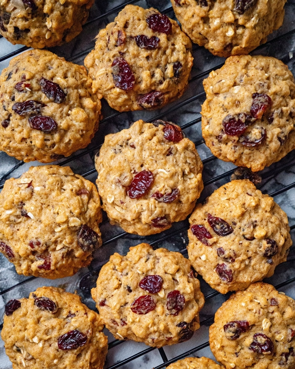 A group of oatmeal cookies with uneven round shapes are arranged closely on a black cooling rack. Each cookie is golden brown with a rough, textured surface, dotted with dark red dried cranberries and small oatmeal flakes throughout. The cookies have a soft, chunky look with slight cracks on top, giving a homemade feel. The cooling rack sits on a white marbled surface. photo taken with an iphone --ar 4:5 --v 7