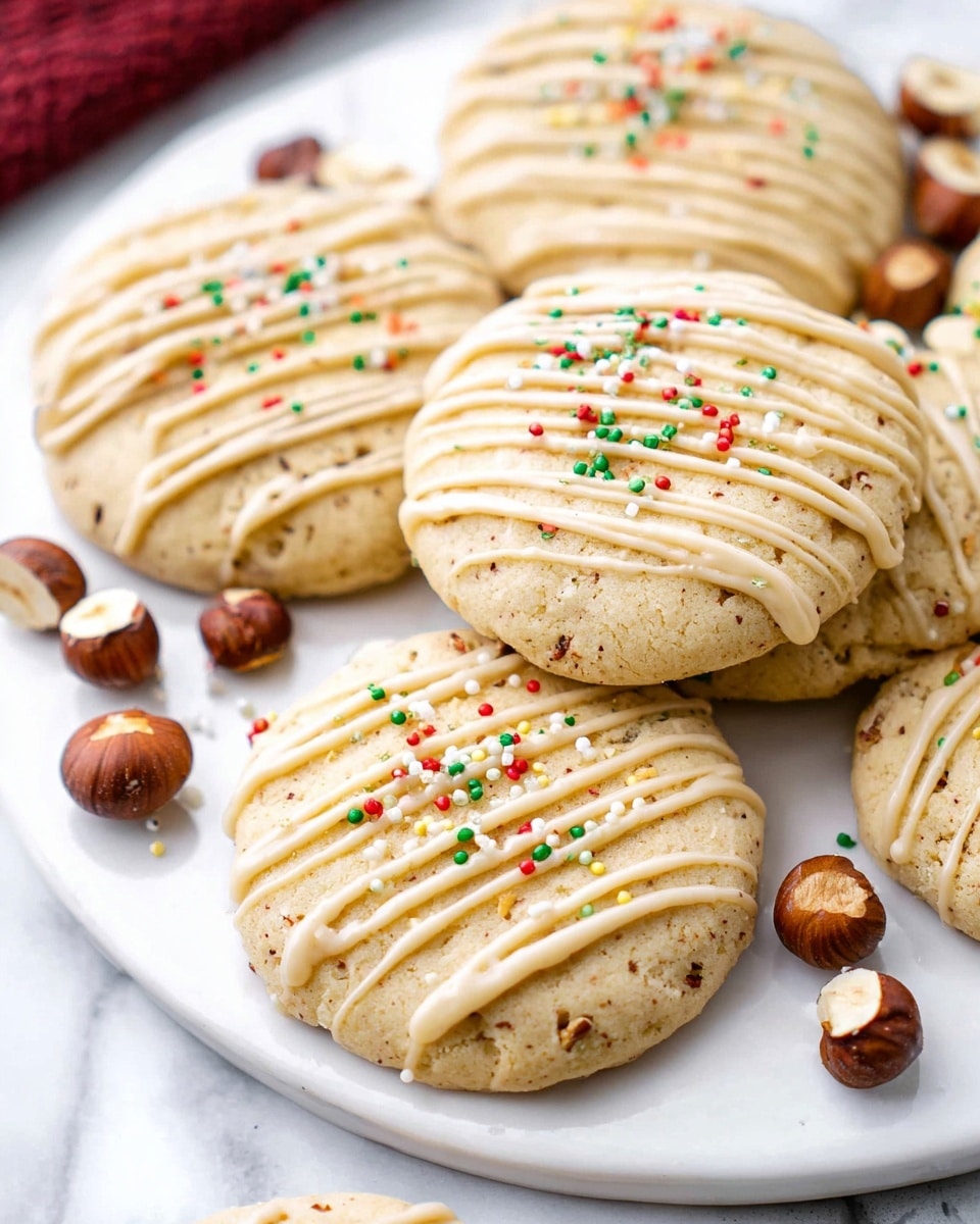 The image shows several round soft cookies arranged on a white plate, placed on a white marbled surface. Each cookie has two main layers: a light brown cookie base with a smooth texture and visible tiny specks, and a light beige icing drizzled over the top in thin, parallel lines. Scattered around the cookies on the plate are whole hazelnuts in dark brown and beige shades and tiny colorful sprinkles in red, green, and white. The cookies appear soft and slightly raised, lying close to each other in a neat group. photo taken with an iphone --ar 4:5 --v 7