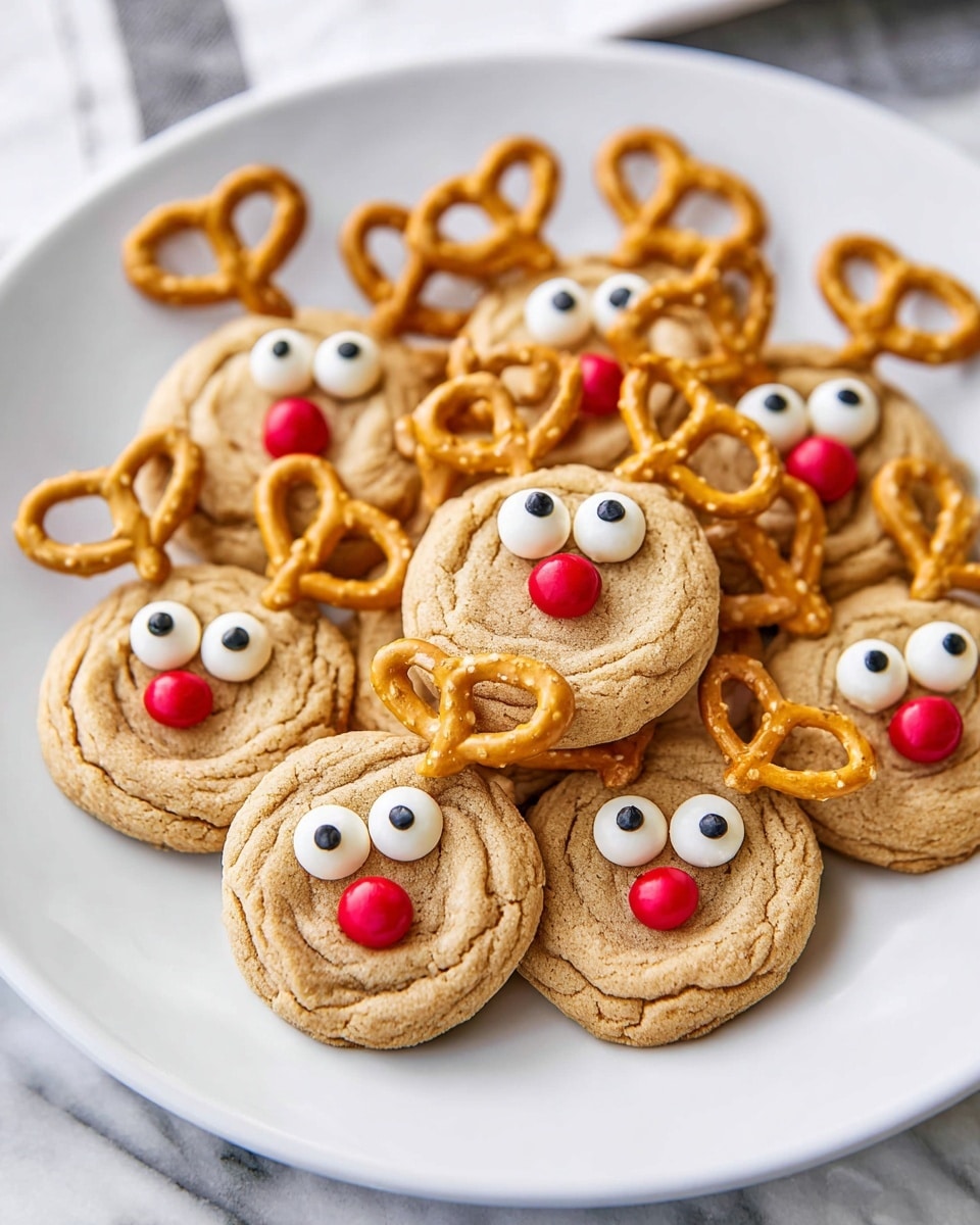 A white plate holds seven round cookies arranged in a slightly overlapping stack. Each cookie is light brown and soft-looking with a slightly wrinkled surface. Two small black-and-white candy eyes are placed near the top center of each cookie. Above the eyes, two small golden pretzels sit side by side like antlers. Below the eyes, a single round red candy is positioned in the middle to represent a nose. The plate is set on a white marbled surface. Photo taken with an iphone --ar 4:5 --v 7