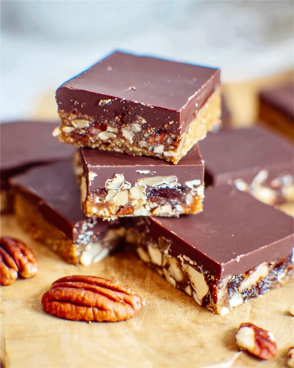 The image shows several square pieces of a dessert bar placed on a wooden surface with a few pecan nuts scattered around. Each bar has three visible layers: a thick smooth dark brown chocolate layer on top, a middle layer filled with pecan nuts and some darker, chewy-looking bits, and a thin base layer that appears slightly lighter and textured, likely made of nuts or a crust. Two bars are stacked, highlighting the crunchy nut pieces inside, while others lie flat, showing the shiny chocolate tops. The background is a soft white marbled texture. Photo taken with an iphone --ar 4:5 --v 7