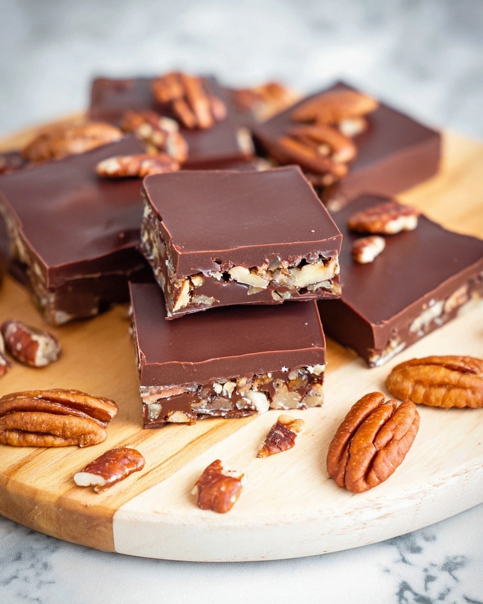 The image shows several chocolate squares arranged on a round white wooden board placed on a white marbled surface. Each square has two visible layers: a smooth, glossy dark chocolate top layer and a bottom layer filled with crunchy pecan nut pieces in a lighter brown base. Around the edges, pecan nuts are scattered, adding texture and color contrast with their warm brown shade. The chocolate squares look thick, with clean edges, and are stacked in a slightly casual way. Photo taken with an iphone --ar 4:5 --v 7