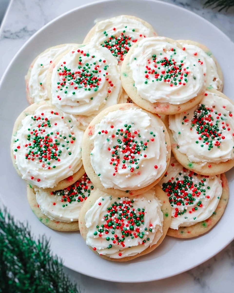 The image shows a white plate filled with round cookies arranged closely. Each cookie has a light beige base with small colorful specks mixed in, topped with a thick layer of smooth white frosting swirled in a circular pattern. On top of the frosting, there are tiny round sprinkles in red, green, and black evenly scattered, adding a festive touch. The plate rests on a white marbled surface, and part of a green plant is visible at the bottom left corner. photo taken with an iphone --ar 4:5 --v 7