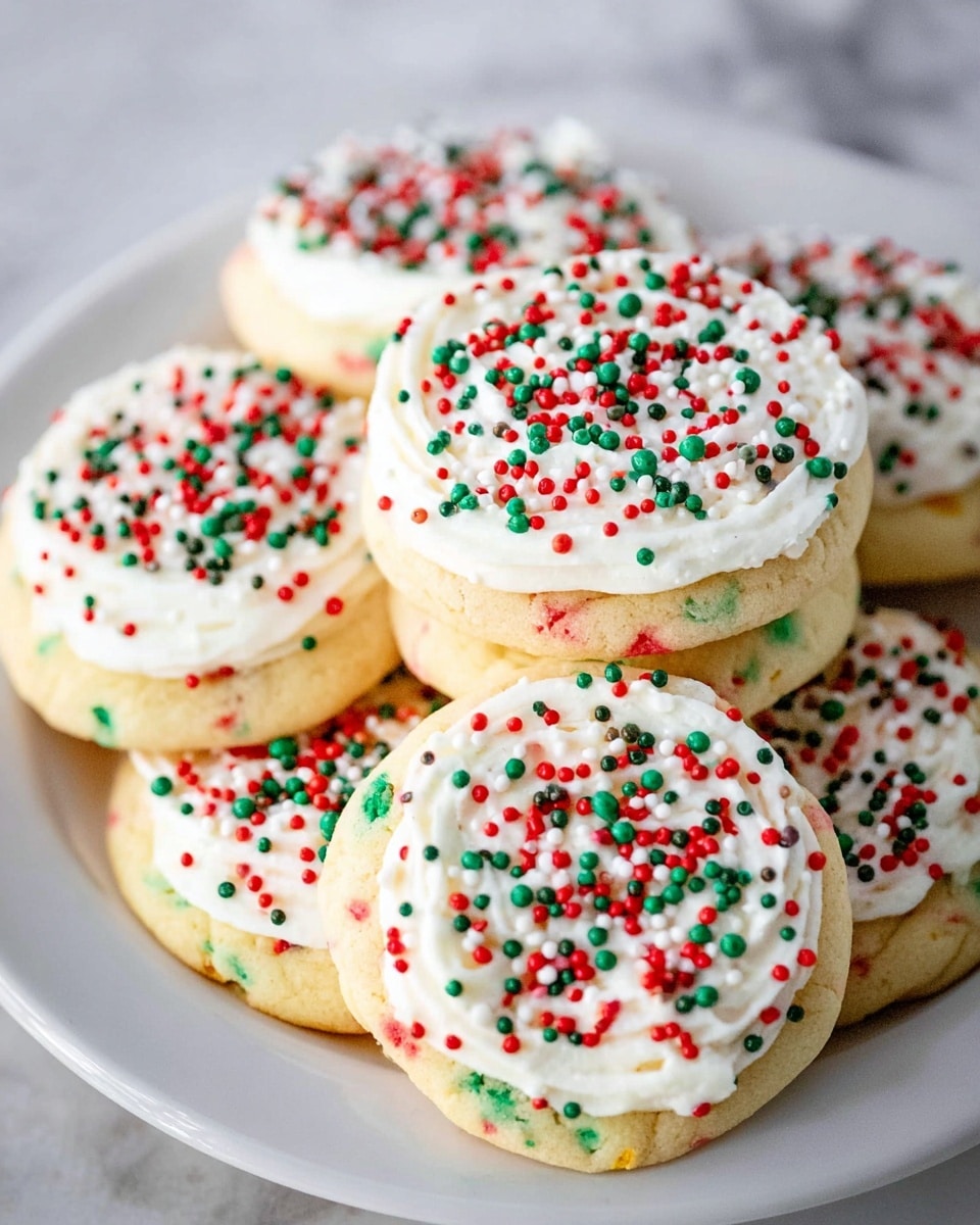 The image shows six round cookies stacked on a white plate. Each cookie has a light yellow base with small colorful specks in red, green, and blue. On top of each cookie is a layer of smooth white frosting with a swirled texture. The frosting is decorated with tiny red, green, and black round sprinkles spread all over. The background is a white marbled surface. photo taken with an iphone --ar 4:5 --v 7