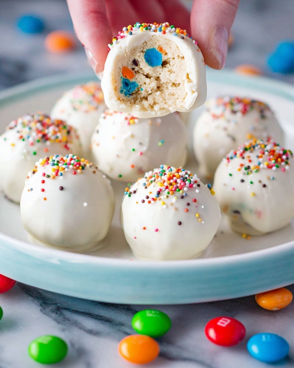 A white round ball dessert with a smooth white coating topped with tiny colorful round sprinkles is displayed on a white plate with a white marbled surface underneath. One of the balls is held above the plate by a woman's hand and has a bite taken out of it, showing an inside layer filled with light beige dough mixed with small colorful candy pieces in blue, orange, and other colors. Around the plate, multicolored candy-coated chocolates lie scattered. The image is bright and focused on the texture and colors of the dessert. photo taken with an iphone --ar 4:5 --v 7
