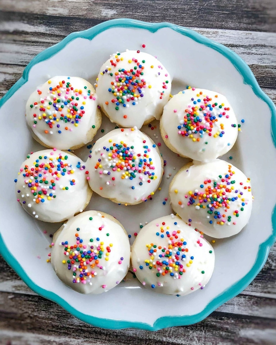 A white plate holds ten round treats covered in smooth white frosting that fully coats each piece. On top of every treat, there are small, colorful round sprinkles in red, green, blue, yellow, and purple scattered evenly. The treats are arranged closely in two rows with a rustic wood surface underneath replaced with a white marbled texture. photo taken with an iphone --ar 4:5 --v 7