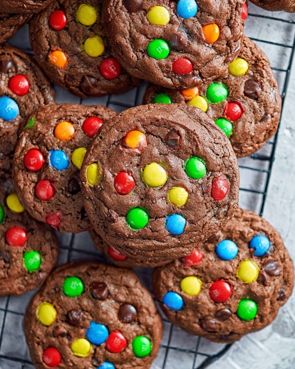 A close-up top view of a group of round chocolate cookies stacked unevenly on a black wire rack, each cookie studded with colorful small candy pieces in red, green, yellow, blue, and orange that sit on the rough, slightly cracked dark brown cookie surface. The wire rack is on a white marbled textured surface, adding soft contrast to the bright colors of the candies and the dark brown cookies, which have a slightly bumpy texture. Photo taken with an iphone --ar 4:5 --v 7