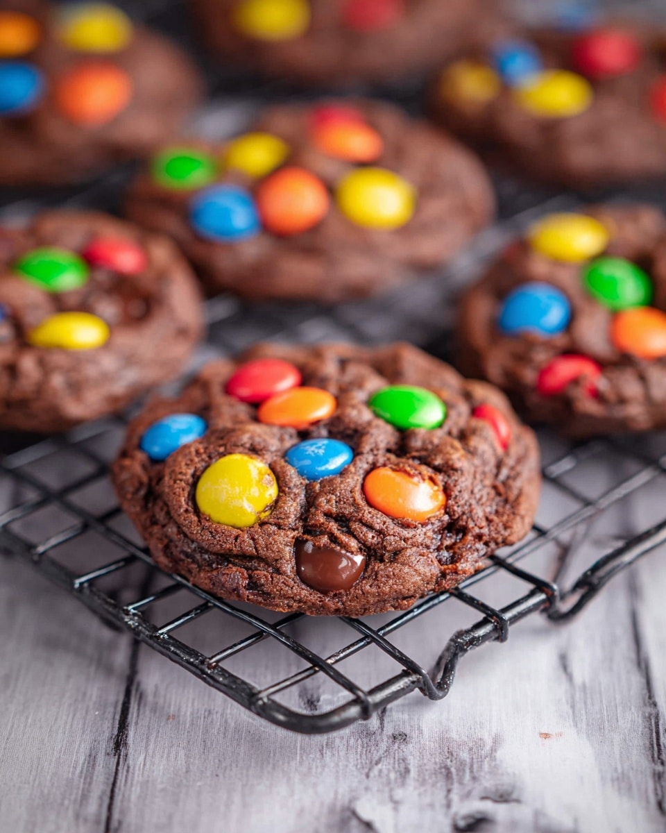 The image shows several round chocolate cookies placed on a black cooling rack, which is on a white marbled surface. Each cookie has a dark brown base with a soft, slightly bumpy texture, and is topped with colorful candy-coated chocolate pieces scattered across the top in red, yellow, blue, orange, and green. The cookies appear thick and rich, with some glossy spots where the chocolate is melted. The close-up view focuses on the front cookie, showing details of the candy colors and the chocolate texture clearly, with more cookies blurred in the background. photo taken with an iphone --ar 4:5 --v 7