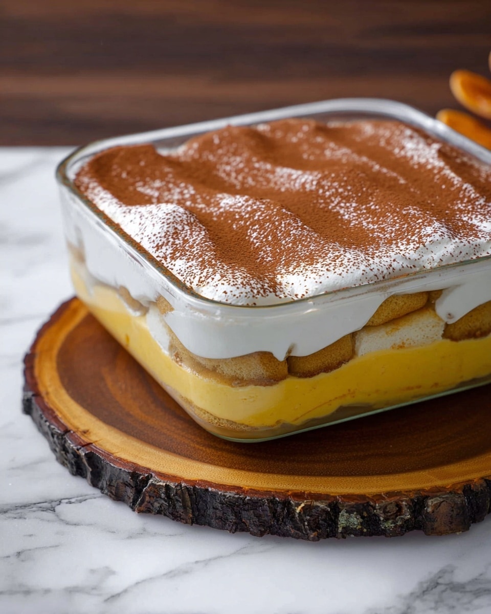 The image shows a layered dessert in a clear glass square dish with a visible three-layer structure. The bottom layer is light brown, resembling ladyfinger biscuits. The middle layer is thick and creamy, yellowish in color with a smooth texture. On top of that is a white cream layer, slightly uneven at the edges but mostly smooth. The dessert is finished with a dusting of cocoa powder, giving the top a rich brown color with a textured look. The dish is placed on a round wooden board with bark edges, all set on a white marbled surface. photo taken with an iphone --ar 4:5 --v 7