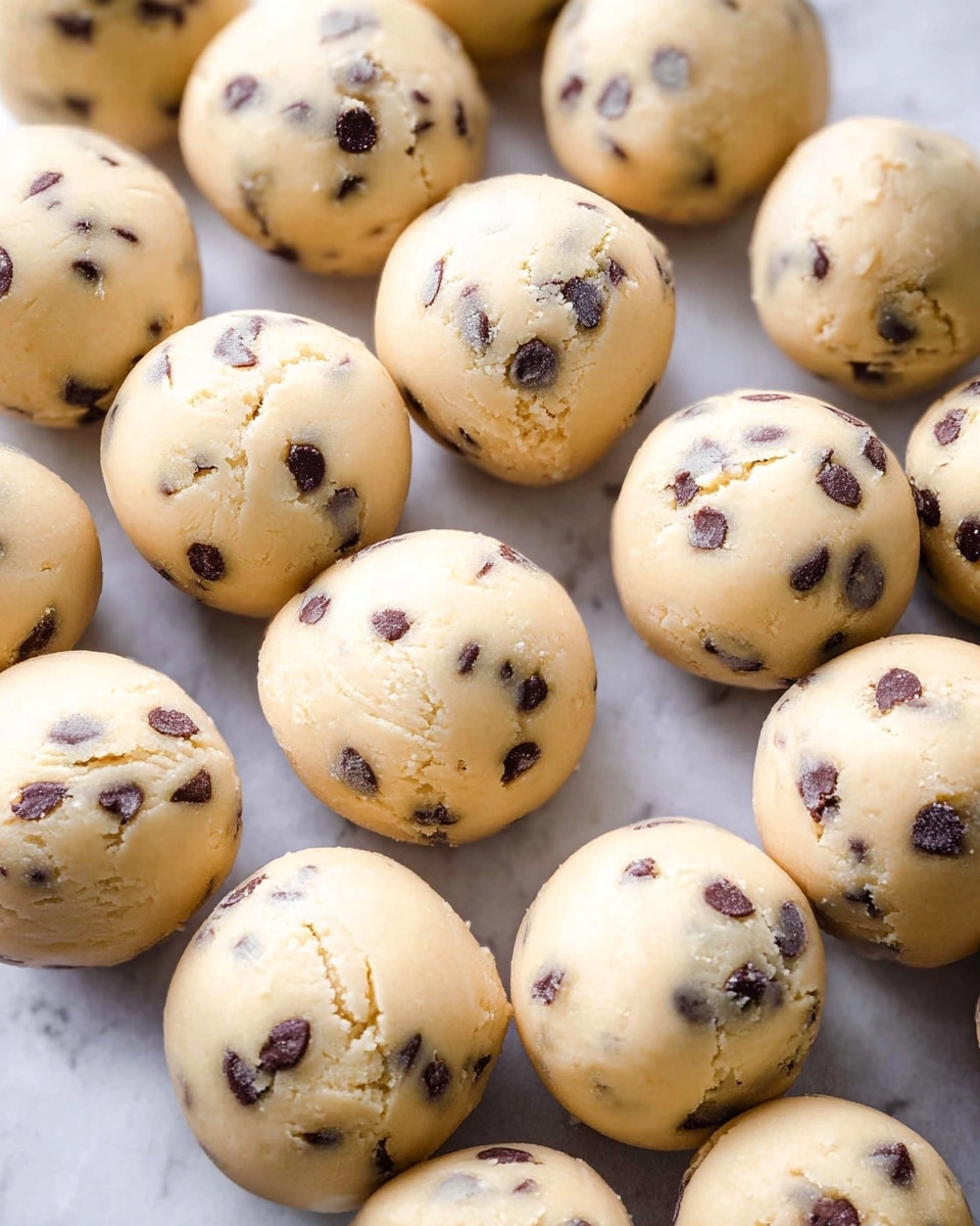The image shows many round cookie dough balls placed closely together on a white marbled surface. Each ball is light beige with small, dark chocolate chips scattered clearly inside. The dough balls have a slightly soft and smooth texture, with some small cracks and rough spots visible on their surfaces, creating a natural, homemade look. The lighting highlights the creaminess of the dough while emphasizing the contrast between the light dough and dark chocolate chips. photo taken with an iphone --ar 4:5 --v 7