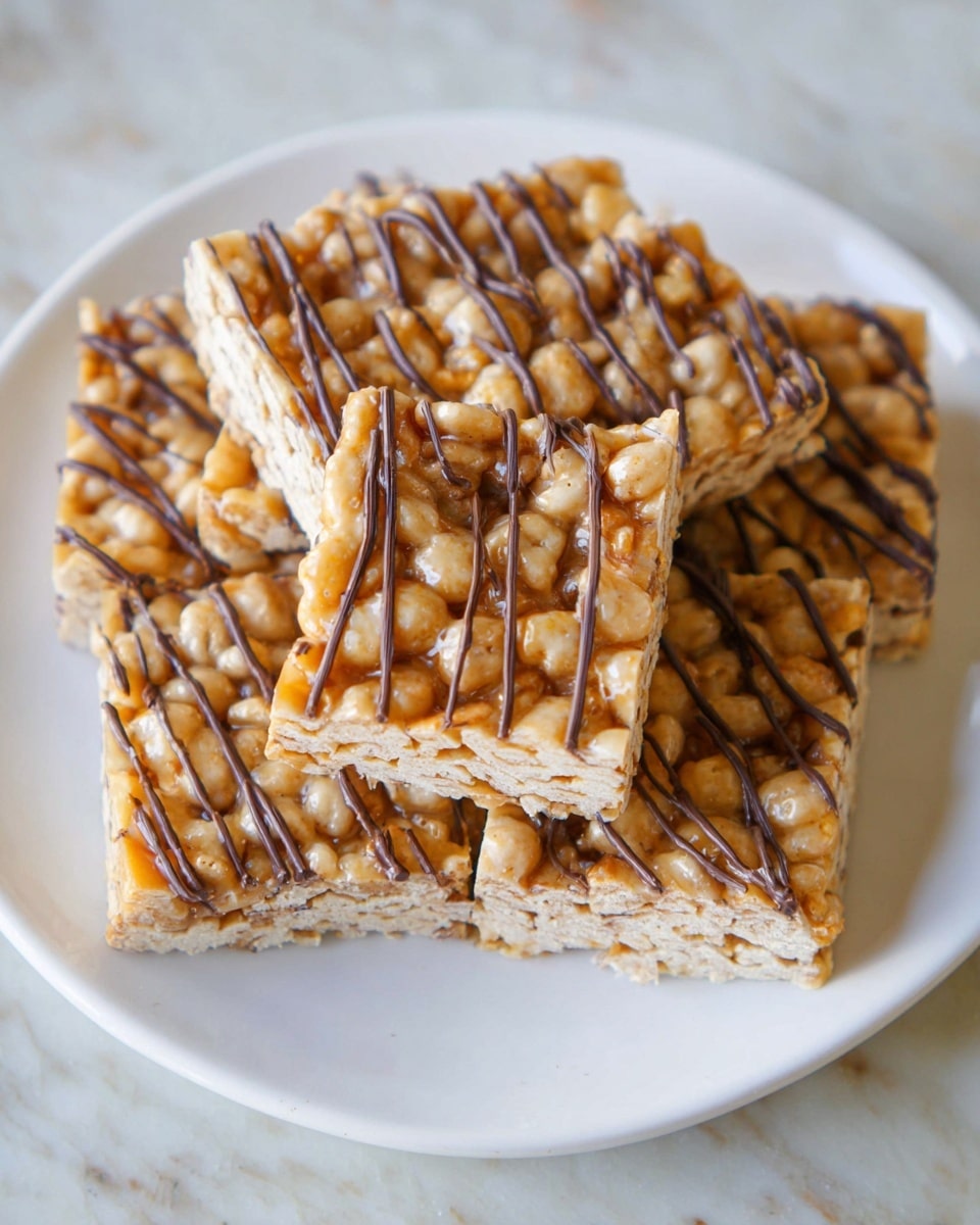 The image shows a stack of cereal bars on a white plate with a white marbled table underneath. The bars have two main layers: the base layer is light beige and looks crispy, made from puffed cereal pieces that are mixed tightly together. The top is coated with a thin shiny layer of light caramel or honey-colored syrup, giving a sticky texture with visible puffed cereal grains. Dark chocolate drizzle lines go across the top of each bar in uneven thin stripes, adding contrast to the lighter colors. The bars are mostly rectangular and stacked in a loose pile on the plate. photo taken with an iphone --ar 4:5 --v 7