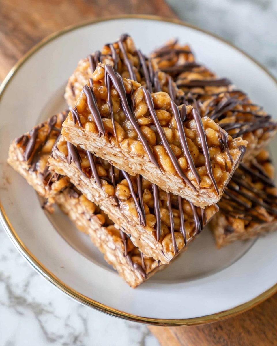 The image shows several rectangular cereal bars stacked on a white plate with a gold rim. Each bar has two visible layers: a light brown, firm base layer and a top layer made of cereal clusters coated in a glossy caramel-like glaze. The bars are drizzled with thin, dark chocolate lines in a zigzag pattern across the top. The plate is placed on a wooden surface with a white marbled texture in the background. photo taken with an iphone --ar 4:5 --v 7