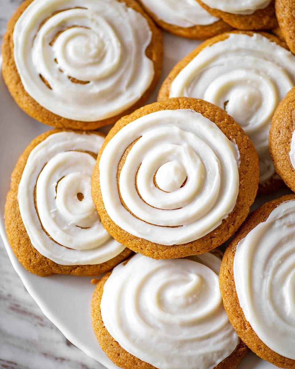 A close-up view shows several round, golden brown cookies arranged on a white plate with a white marbled surface beneath. Each cookie has one layer, topped with smooth white icing; some cookies are covered with the icing in a spiral shape, while others have it spread thickly and evenly across the top. The icing looks creamy and soft, contrasting with the warm brown color and slightly rough texture of the cookie base. Photo taken with an iphone --ar 4:5 --v 7