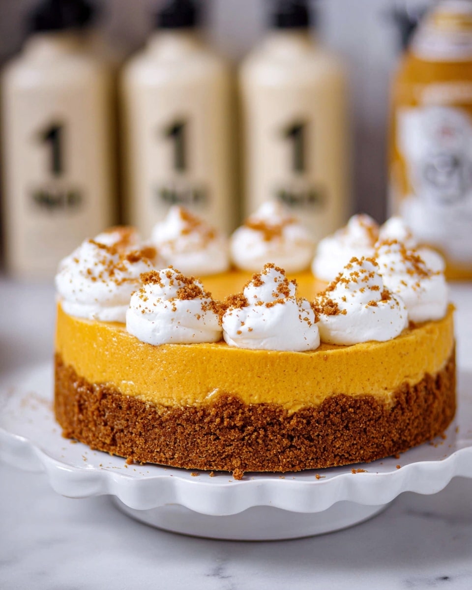 A round, two-layered dessert sits on a white scalloped plate over a white marbled surface. The bottom layer is thick and brown, with a crumbly texture, while the top layer is smooth and orange-yellow, resembling a pumpkin or squash filling. On top, there are dollops of white whipped cream evenly spaced around the edge, sprinkled with small brown crumbs. The background has blurry beige bottles with