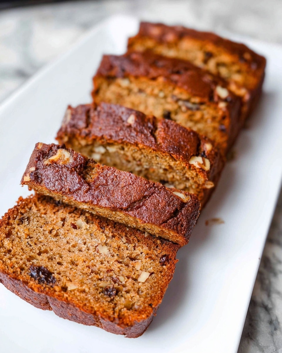 This image shows five slices of a loaf cake arranged in a line on a white rectangular plate. The cake has a deep brown outer crust with a slightly crispy texture, and the inside is a lighter brown color with visible nuts and small dark spots, likely chocolate or dried fruit pieces. The slices are thick and have a moist, crumbly texture. The plate sits on a surface with a white marbled texture. photo taken with an iphone --ar 4:5 --v 7